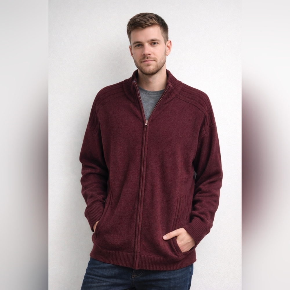Ocean Pacific Full Zip Knit Sweater Mens XL Burgundy Mock Neck Cardigan (HL325)